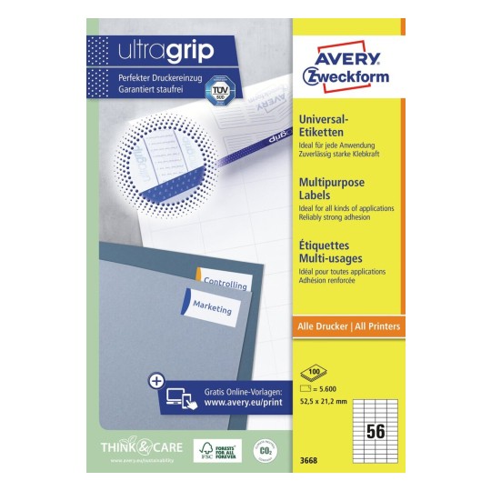 Avery Multipurpose Labels in A4 Sheet-White ,100 Sheets ,W 52.5 mm x H 21.2 mm 3668