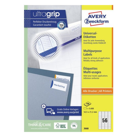 Avery Multipurpose Labels in A4 Sheet-White ,100 Sheets ,W 52.5 mm x H 21.2 mm 3668