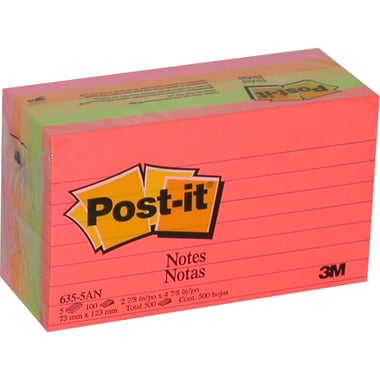 3M Post It Sticky Notes RULED -Neon Colors , 5 pcs , 76 mm x 127 mm.