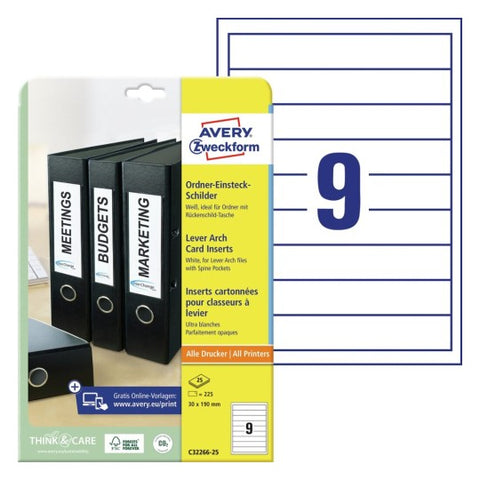 Avery Filing card-White , 225 Labels ,W 30 mm x H 190 mm C32266-25
