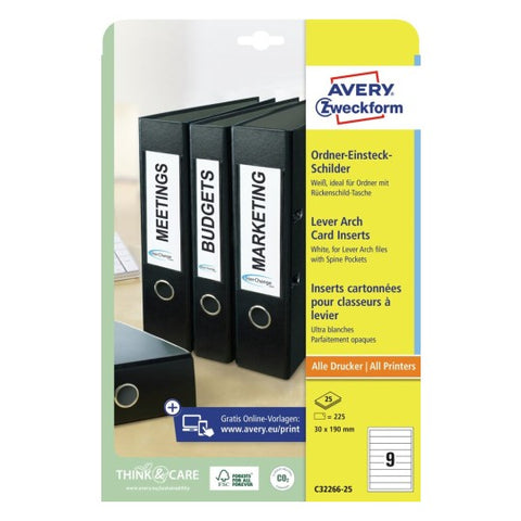 Avery Filing card-White , 225 Labels ,W 30 mm x H 190 mm C32266-25