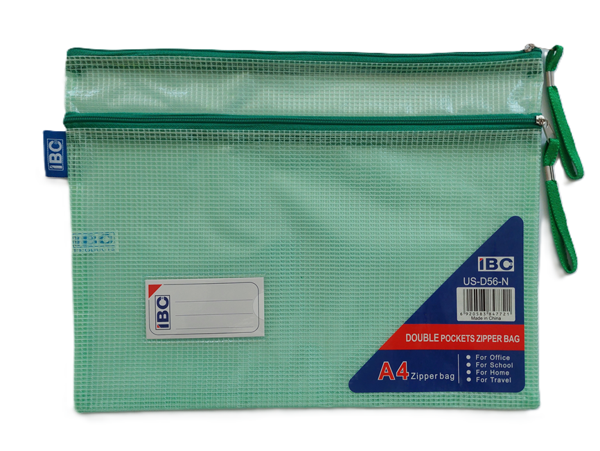 IBC Double Pockets Zipper Bag Green Colour A4 Size.