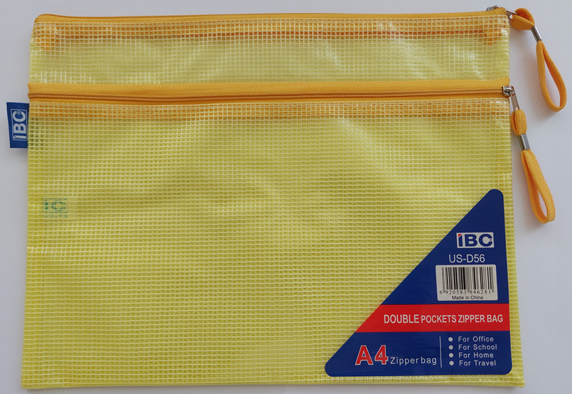 IBC Double Pockets Zipper Bag Yellow Colour A4 Size.