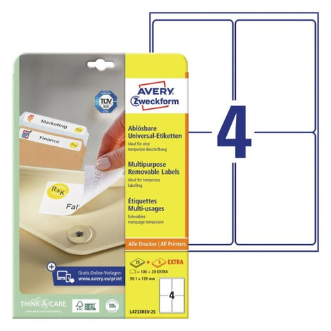 Avery Multipurpose Removable Labels-White , 25+5 Extra Sheets , W99.1 mm x H139 mm L4733REV-25