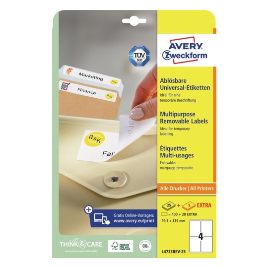 Avery Multipurpose Removable Labels-White , 25+5 Extra Sheets , W99.1 mm x H139 mm L4733REV-25