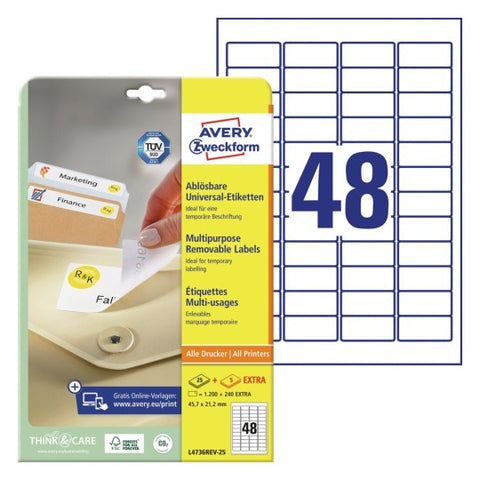Avery Multipurpose Removable Labels-White ,25+5 Extra Sheets ,W45.7 mm x H21.2 mm L4736REV-25