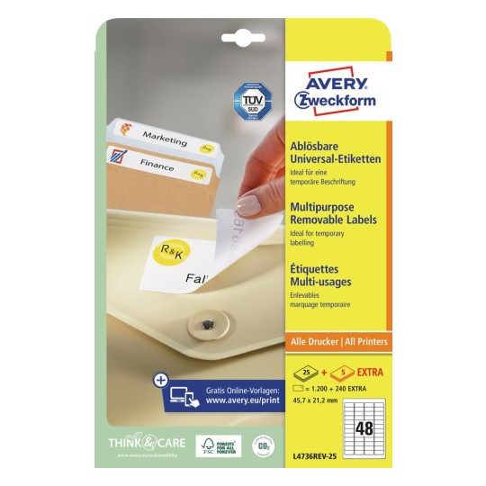 Avery Multipurpose Removable Labels-White ,25+5 Extra Sheets ,W45.7 mm x H21.2 mm L4736REV-25