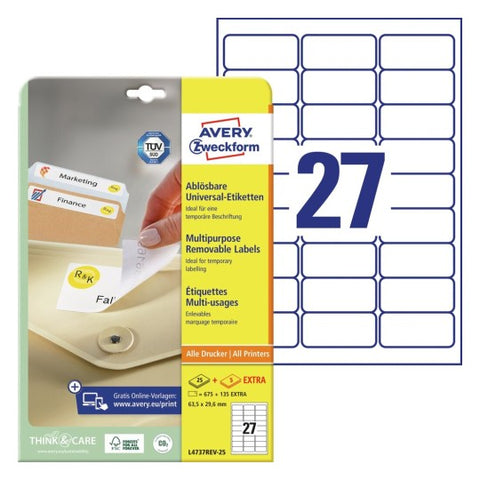 Avery Multipurpose Removable Labels-White ,25+5 Extra Sheets ,W63.5 mm x H29.6 mm L4737REV-25