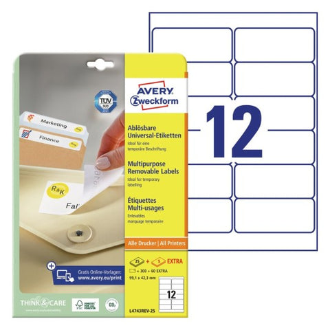 Avery Multipurpose Removable Labels-White ,25+5 Extra Sheets , W99.1 mm x H42.3 mm L4743REV-25