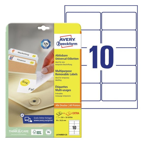 Avery Multipurpose Removable Labels-White ,25+5 Extra Sheets ,W96 mm x H50.8 mm L4744REV-25