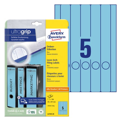 Avery Filing Labels Permanent -Blue,20 Sheets Long ,W 38 mm x H 297 mm L4749-20