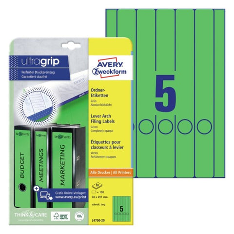 Avery Filing Labels Permanent-Green 20 Sheets, Long W 38 mm x H 297 mm L4750-20