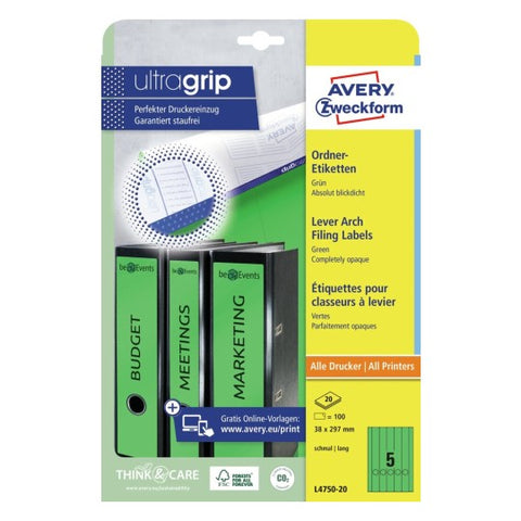 Avery Filing Labels Permanent-Green 20 Sheets, Long W 38 mm x H 297 mm L4750-20