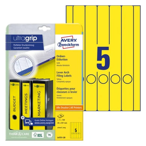 Avery Filing Labels Permanent -Yellow, 20 Sheets Long,W 38 mm x H 297 mm L4751-20