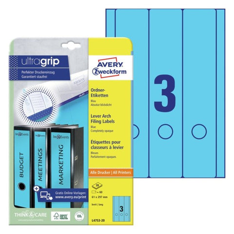 Avery Wide Filing Labels Permanent-Blue ,20 Sheets ,Long ,W 61 mm x H 297 mm L4753-20