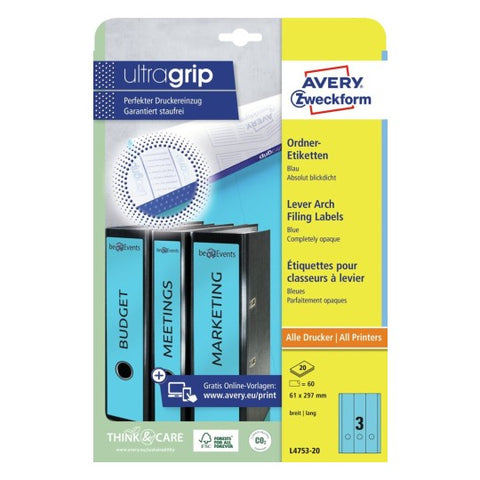 Avery Wide Filing Labels Permanent-Blue ,20 Sheets ,Long ,W 61 mm x H 297 mm L4753-20