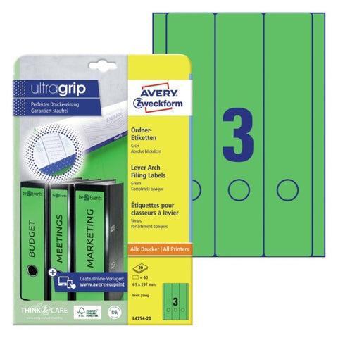 Avery Wide Filing Labels Permanent-Green ,20 Sheets , Long , W 61 mm x H 297 mm L4754-20