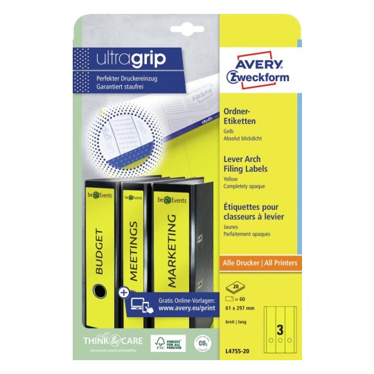 Avery Wide Filing Labels Permanent -Yellow ,20 Sheets , Long , W 61 mm x H 297 mm
