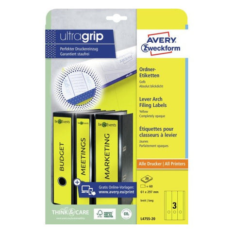 Avery Wide Filing Labels Permanent -Yellow ,20 Sheets , Long , W 61 mm x H 297 mm