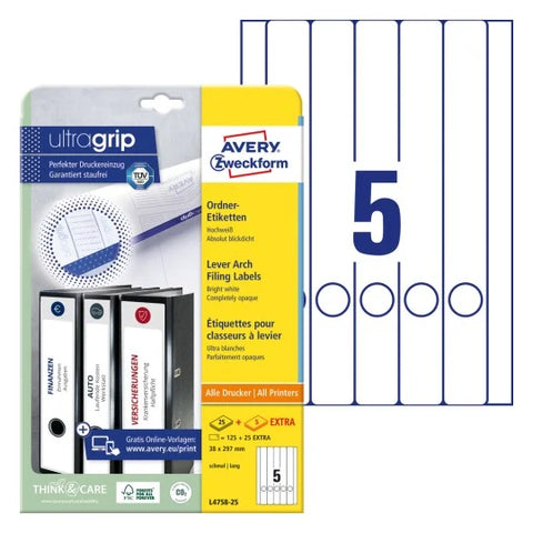 Avery Filing Labels Permanent -White 25+5 Extra Sheets ,Long-W 38 mm x H 297 mm L4758-25