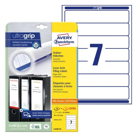 Avery Filing Labels Permanent -White,25+5 Extra Sheets ,Short ,W 38 mm x H 192 mm L4760-25