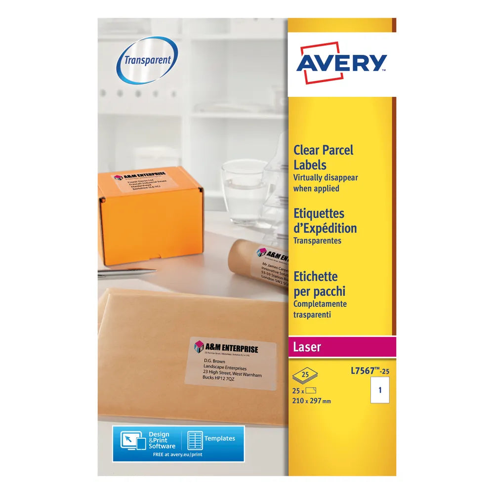 Avery Clear Shipping Labels -Transparent , 25 Labels , W 210 mm x H 297 mm L7567-25