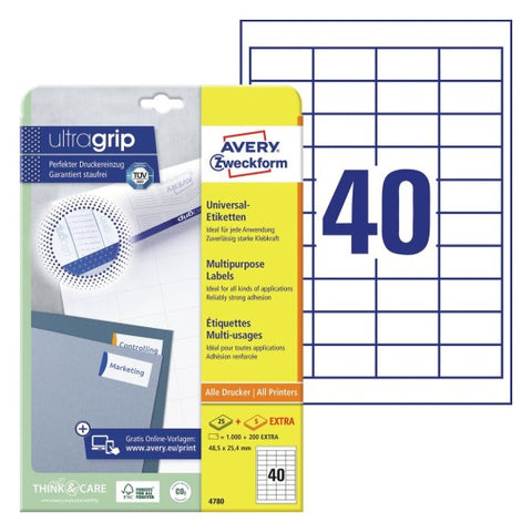 Avery Multipurpose Labels in A4 Sheet-White , 25+5 Extra Sheets , W 48.5 mm x H 25.4 mm 4780