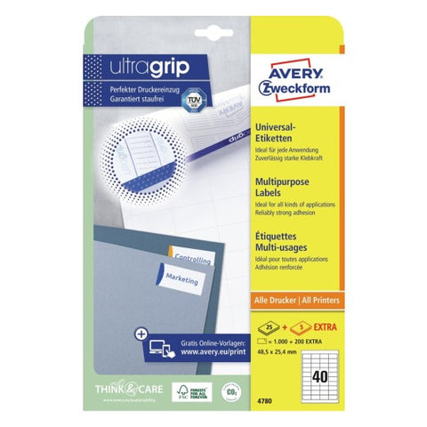 Avery Multipurpose Labels in A4 Sheet-White , 25+5 Extra Sheets , W 48.5 mm x H 25.4 mm 4780