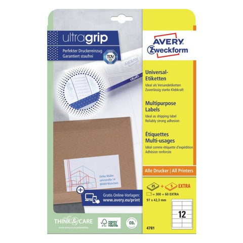 Avery Multipurpose Labels in A4 Sheet-White ,25+5 Extra Sheets , W97 mm x H42.3 mm 4781