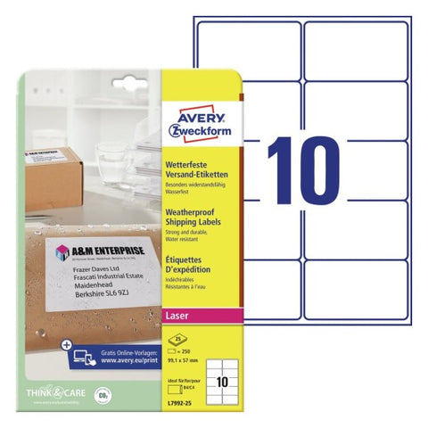 Avery Waterproof Shipping Labels-White ,250 Labels , W 99.1 mm x H 57 mm L7992-25