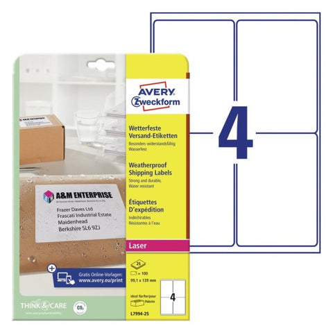 Avery Waterproof Shipping Labels -White , 100 Labels , W 99.1 mm x H 139 mm L7994-25