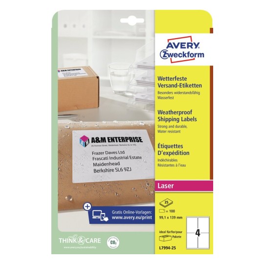 Avery Waterproof Shipping Labels -White , 100 Labels , W 99.1 mm x H 139 mm L7994-25