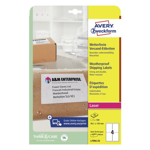 Avery Waterproof Shipping Labels -White , 100 Labels , W 99.1 mm x H 139 mm L7994-25