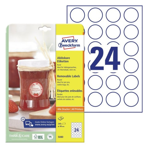 Avery Removable Labels -White , 10 Sheets , 40 mm Diameter , Round 5080