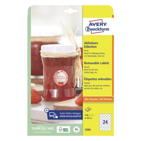 Avery Removable Labels -White , 10 Sheets , 40 mm Diameter , Round 5080