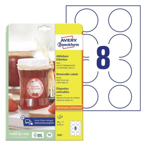 Avery Removable Labels-White , 10 Sheets , 65 mm Diameter , Round 5081