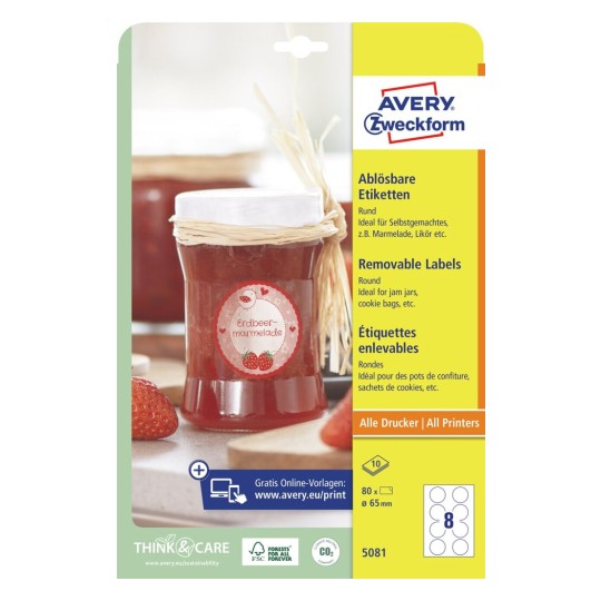 Avery Removable Labels-White , 10 Sheets , 65 mm Diameter , Round 5081