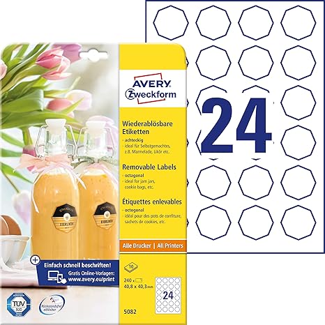 Avery Removable Labels -White , 10 Sheets , W 40.8 mm x H 40.3 mm , Octagonal 5082