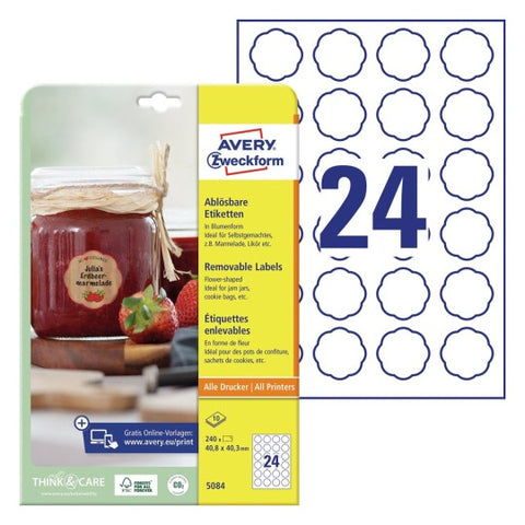Avery Removable Labels-White , 10 Sheets , W 40.8 mm x H 40.3 mm ,Flower 5084
