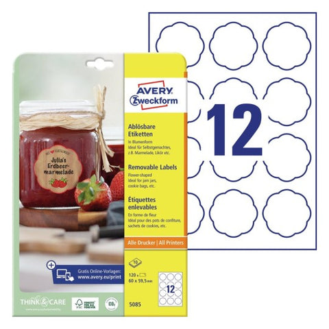 Avery Removable Labels -White , 10 Sheets , W 60 mm x H 59.5 mm , Flower 5085
