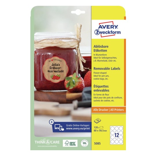 Avery Removable Labels -White , 10 Sheets , W 60 mm x H 59.5 mm , Flower 5085
