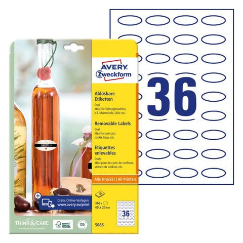 Avery Removable Labels -White , 10 Sheets , W 40 mm x H 20 mm , Oval 5086