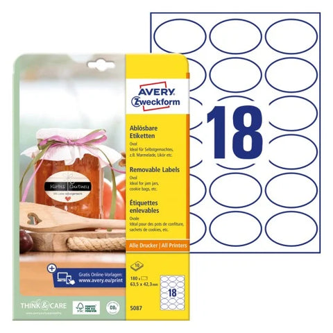 Avery Removable Labels -White , 10 Sheets , W 63.5 mm x H 42.3 mm , Oval 5087