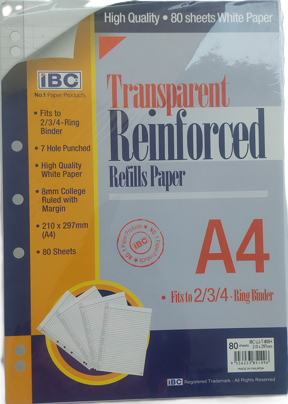 IBC TRANSPARENT REINFORCED REFILL PAPERS FIT 2-3-4 RING BINDER -80 Sheets