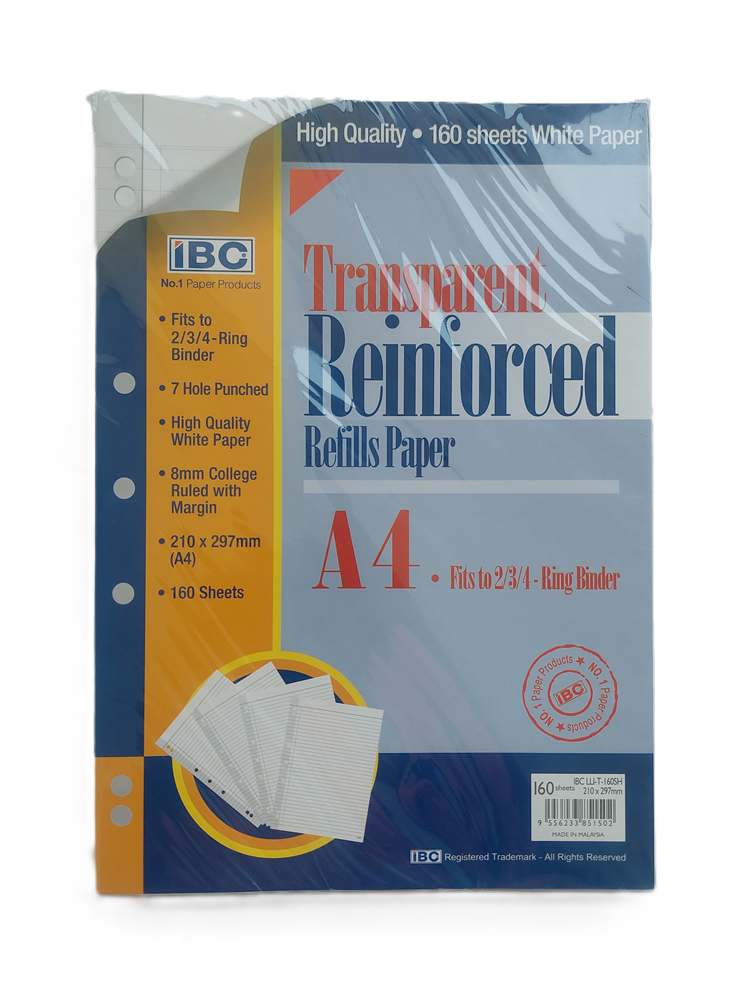 IBC TRANSPARENT REINFORCED REFILL PAPERS FIT 2-3-4 RING BINDER -160 Sheets