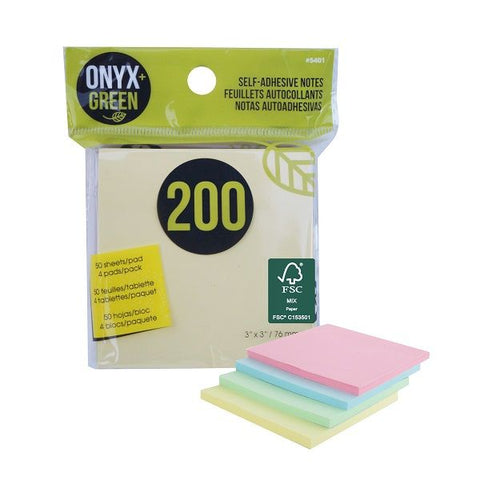 Onyx & Green Sticky Notes, 3"X3", Pastel Colors, 200 Recycled Paper Notes, Eco Friendly - 4 Pack (5401).