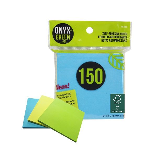 Onyx & Green Sticky Notes, 3"X3", Neon Colors, 150 Recycled Paper Notes, Eco Friendly - 3 Pack (5402).