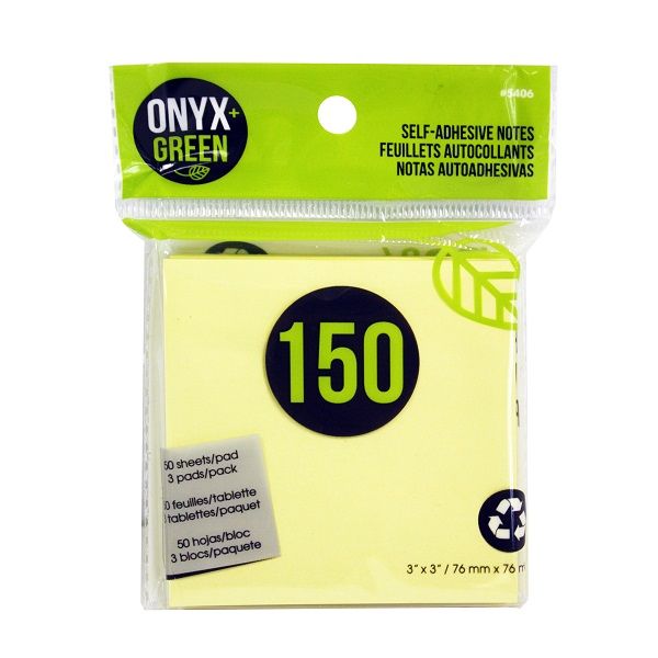 Onyx & Green Sticky Notes, 3"X3", Yellow, 150 Recycled Paper Notes, Eco Friendly - 3 Pack (5406).
