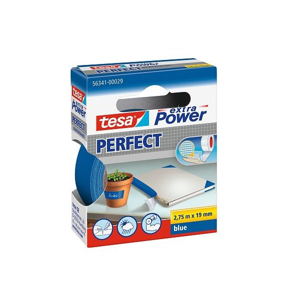 Tesa Extra Power Perfect Strong Cloth Tape, 2.75m x 19mm, Blue.