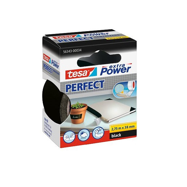 Tesa Extra Power Perfect Strong Cloth Tape, 2.75m x 38mm, Black.